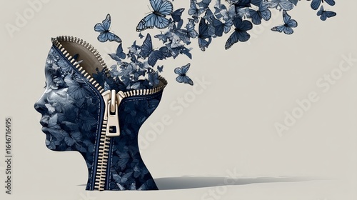 Artistic representation of a human head with butterflies emerging from a zipper.