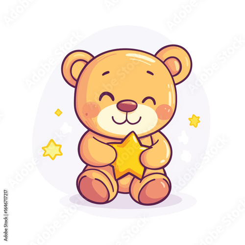 Smiling Teddy Bear Holding a Golden Star Cute Cartoon Illustration