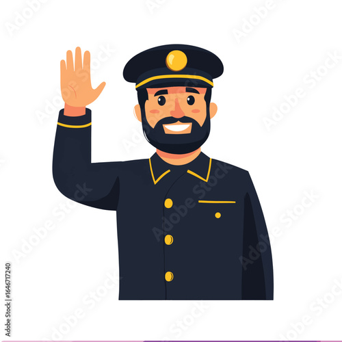 Smiling uniformed man with raised hand wearing a navy blue cap and jacket