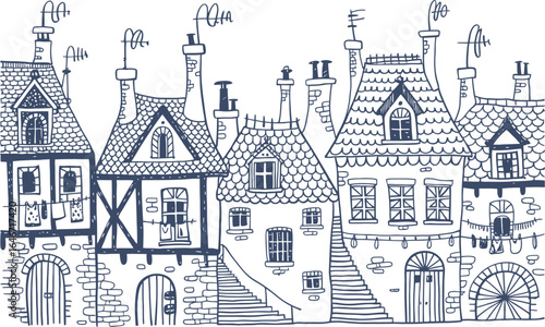 Whimsical European Village Street Scene Hand Drawn
