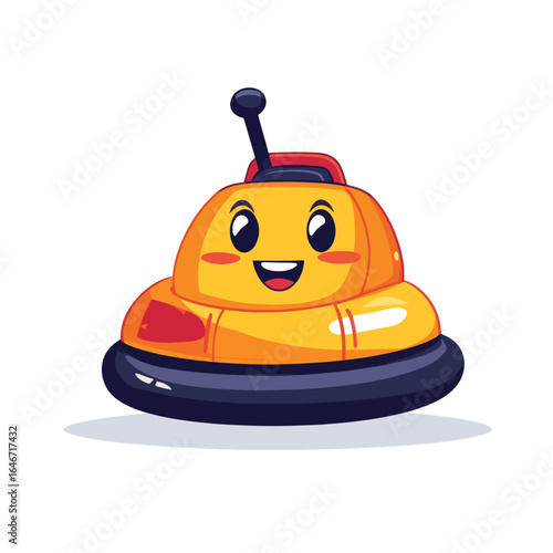 Smiling Yellow Bumper Car with Antenna and Red Accent Cartoon Style