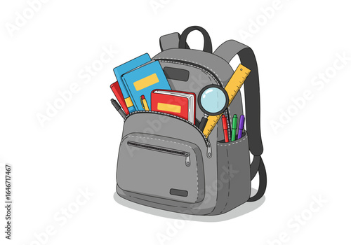 Gray Backpack Filled with School Supplies Illustration