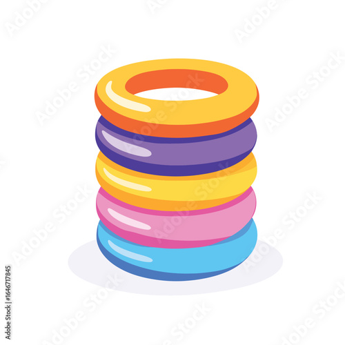 Stacked colorful inflatable rings with orange yellow purple pink and blue hues