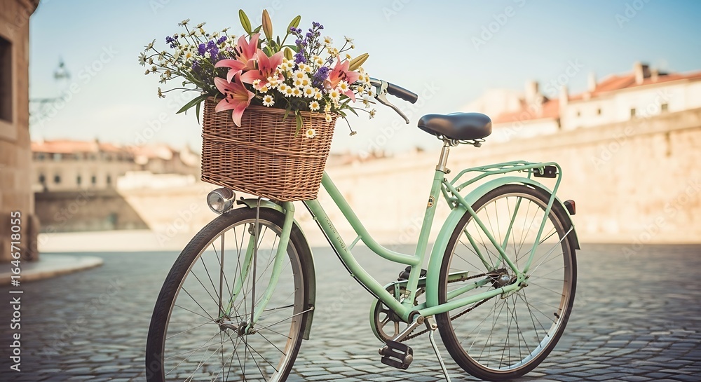 Fototapeta premium Vintage bicycle with flower basket in european old town romantic scenic view
