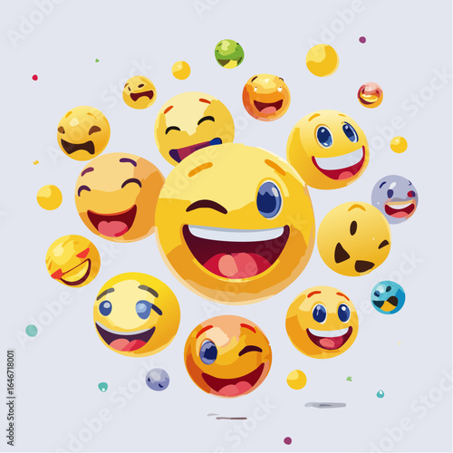 Fun set of colourful floating reaction emojis with playful expressions