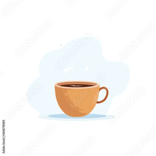 Steaming coffee in a rounded light brown ceramic mug with a dark brown handle