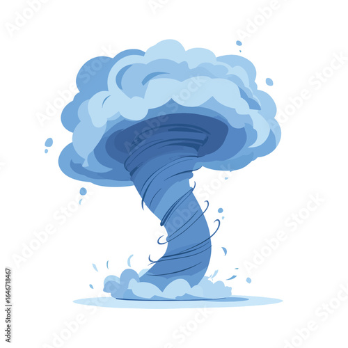 Stylized Blue Tornado with Cloud Formation and Debris Swirling Around