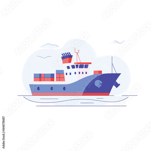 Stylized cargo ship with red containers and a blue hull sailing on water