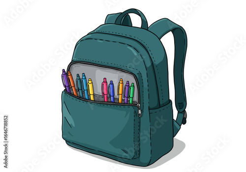 Teal Backpack with Colorful Pens in Front Pocket