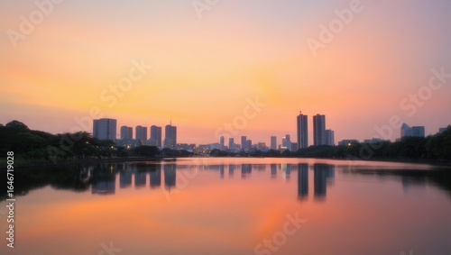 Wallpaper Mural City Skyline Reflected in a Calm Lake at Sunset water Torontodigital.ca