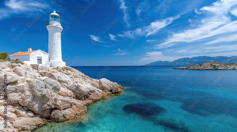 Picturesque lighthouse stands on rocky shore, surrounded by clear blue waters and vibrant sky Picturesque lighthouse stands on rocky shore, surrounded by clear blue waters and vibrant sky