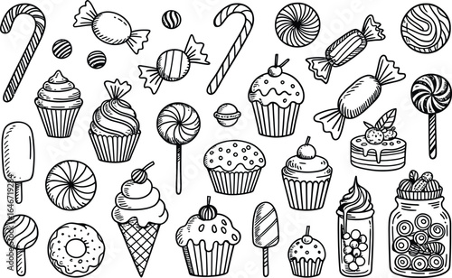 Hand drawn collection of sweets and desserts candy