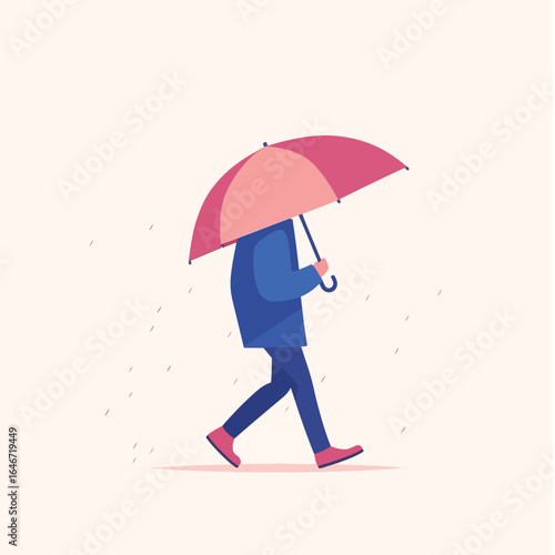 Stylized figure walking in rain with pink umbrella and blue coat