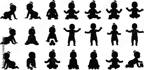 Silhouette of babies crawling, sitting, standing, playing, child development stages, black vector illustration, baby growth, children poses, isolated