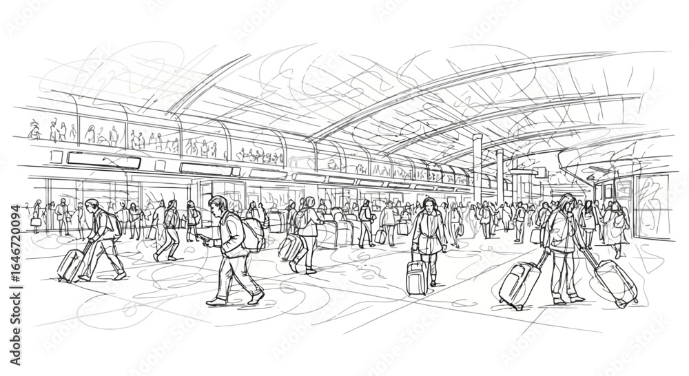Fototapeta premium A dynamic and abstract line art illustration depicting chaos in an airport terminal. Swirling lines represent confusion, delays, and crowds, perfect for themes of travel disruption.