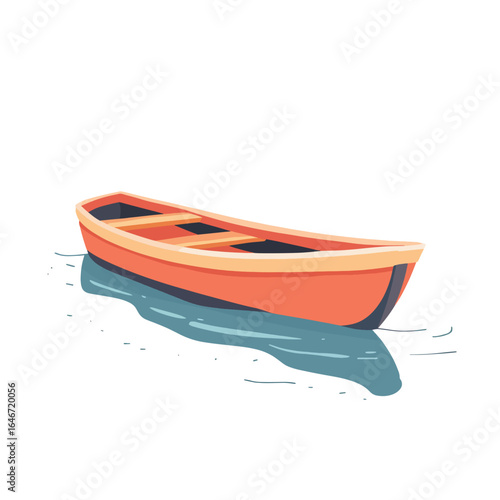 Stylized orange rowboat with wooden slats floating on blue water