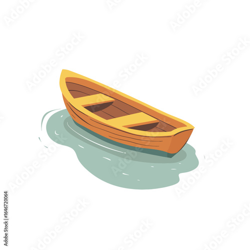 Stylized orange rowboat with brown interior floating on light blue water