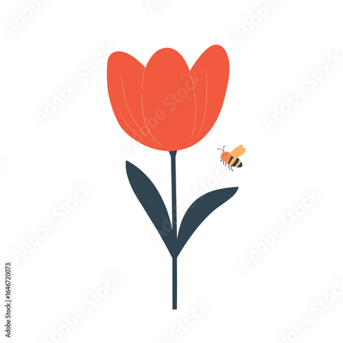 Stylized Orange Tulip with a Striped Bee Hovering Nearby in Simple Illustration