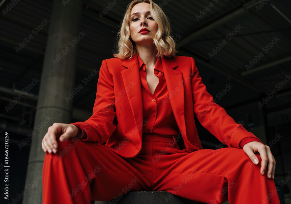 Fototapeta premium Woman in striking red business suit sitting confidently in modern office environment. Professional corporate attire for executive meetings and business presentations