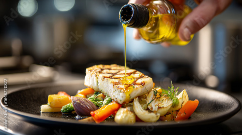 Chef drizzling olive oil on grilled fish and vegetables