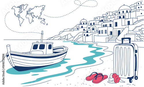 Travel illustration of a beach scene with boat and suitcase