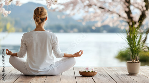 Wallpaper Mural Peaceful meditation by lake under cherry blossom trees creates serene atmosphere Torontodigital.ca