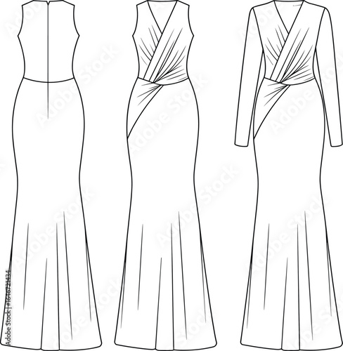 Elegant long evening dress CAD drawing flat vector illustration with sleeveless, draped bodice, fitted waist, and mermaid silhouette design