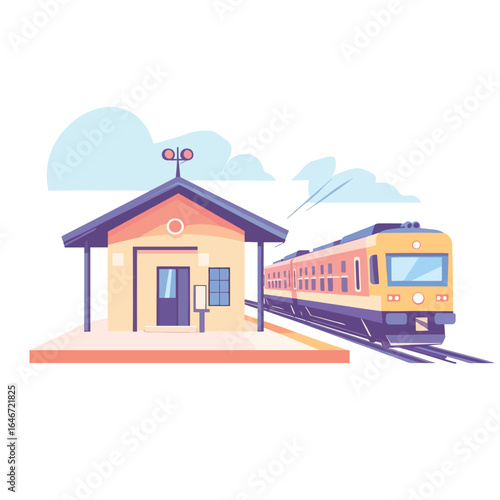 Stylized Train Station with Weather Vane and Approaching Passenger Train