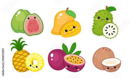 Cute tropical fruit guava, mango, soursop, pineapple, passion fruit, coconut clip art