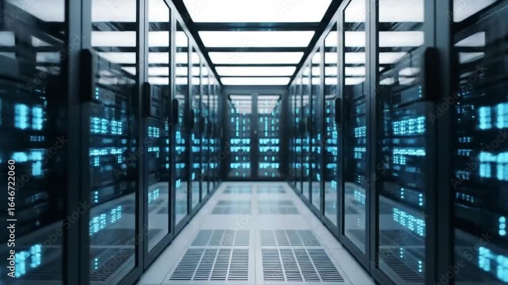 A long, symmetrical corridor filled with rows of server racks, illuminated by blue lights, suggesting a data center or high-tech facility. A long, symmetrical corridor filled with rows of server racks, illuminated by blue lights, suggesting a data center or high-tech facility.