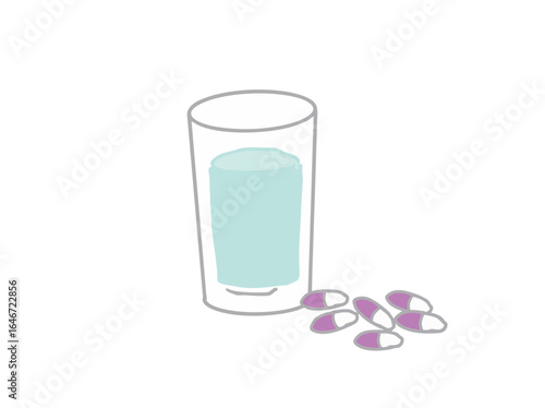 Illustration of a capsule tablet and a glass of water