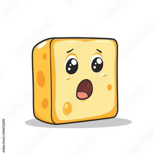 Surprised Cheese Cube with Large Eyes and Open Mouth Cartoon Style