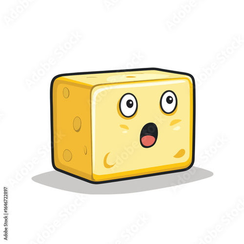 Surprised Cheese Block with Open Mouth and Round Eyes Cartoon Style