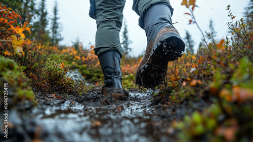 Durable hiking boots covered in mud walk on a wet, rugged forest trail. Vibrant autumn leaves and lush green plants line the path, showing a wilderness journey.