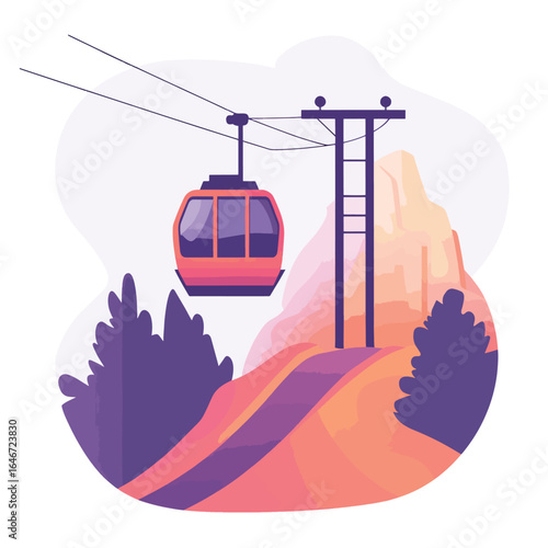 Vibrant Cable Car Ascending a Mountainous Landscape with Colorful Hues