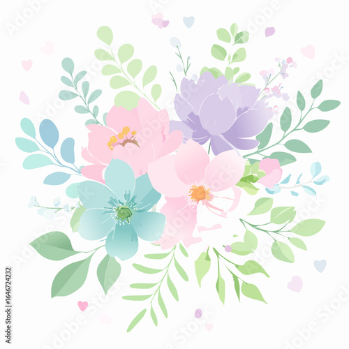 A pastel watercolor vector background with soft floral patterns, featuring delicate flowers and leaves in light pink, lavender, and mint green, ideal for wedding invitations.