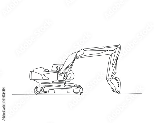 Excavator outline drawing illustration. one continuous line drawing of excavator industrial heavy vehicle.