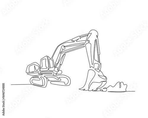 Excavator outline drawing illustration. one continuous line drawing of excavator industrial heavy vehicle.