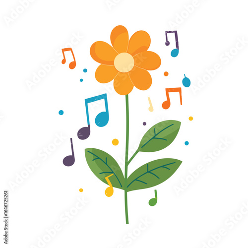 Whimsical Orange Flower with Musical Notes and Colorful Polka Dots Illustration