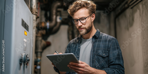 Ein Mann in Arbeitskleidung steht im Keller. Er notiert sich auf einem Clipboard Werte. Gas oder Elektrik