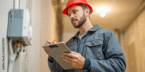 Ein Mann in Arbeitskleidung steht im Keller. Er notiert sich auf einem Clipboard Werte. Gas oder Elektrik