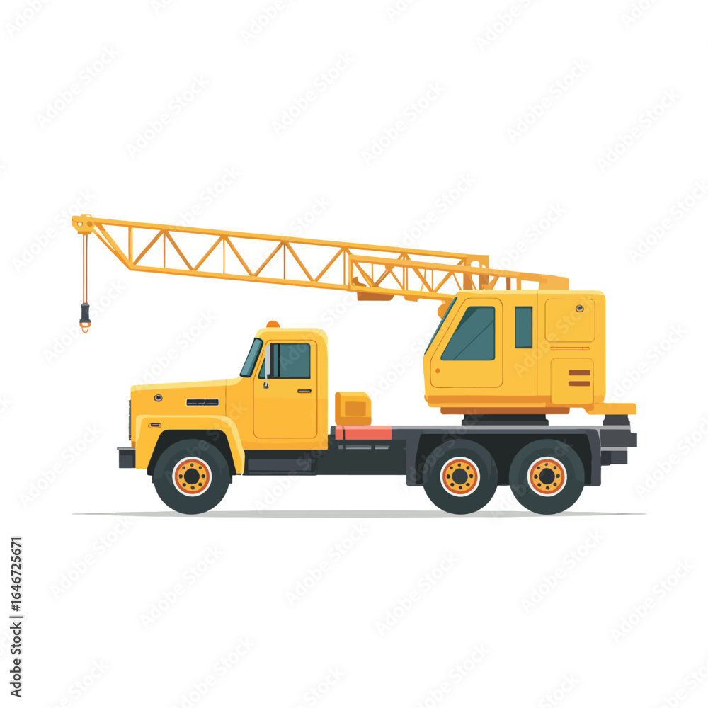 Fototapeta premium Yellow Crane Truck with Lattice Boom and Hook Side View Heavy Machinery