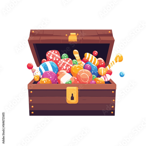 Wooden Treasure Chest Overflowing with Colorful Delicious Candies and Sweets