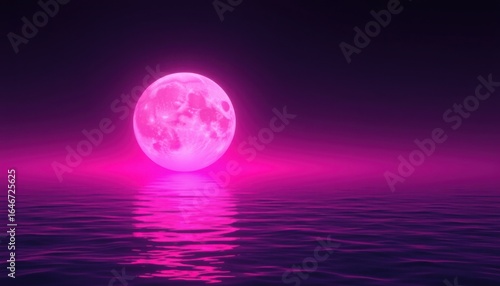 A glowing pink moon reflecting on water with a dark purple sky and horizon in a dreamy landscape