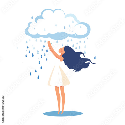 Woman in white dress reaching up to a cartoon cloud raining blue droplets
