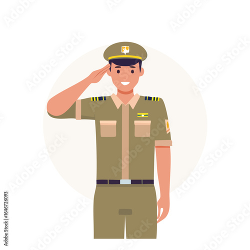 Smiling Officer Saluting; Flat Illustration
