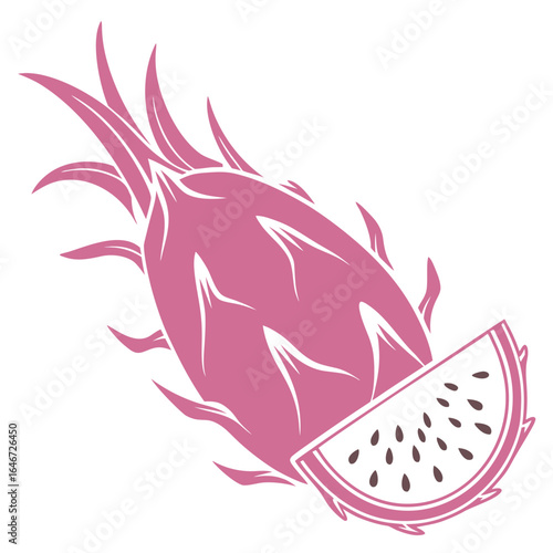 Stylized vector illustration of a whole exotic dragon fruit and a cut slice showing the inner flesh and seeds