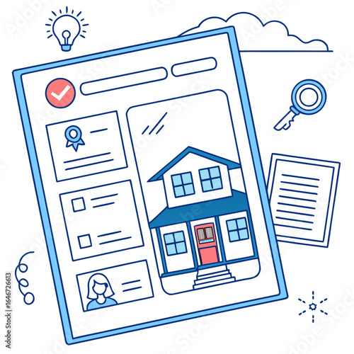 Illustration of a real estate property listing on a tablet with house details and additional documents nearby