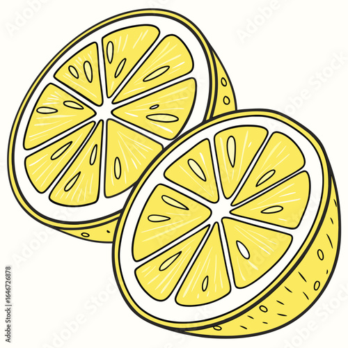 Hand-drawn illustration of a fresh yellow lemon cut in half, showing the juicy cross-section. A healthy and organic food concept.