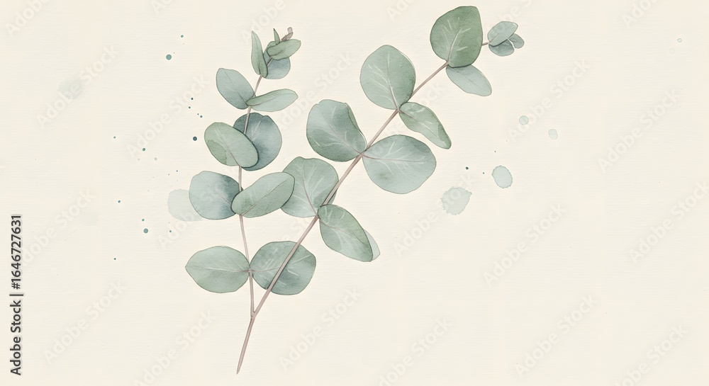 Obraz premium Watercolor eucalyptus branches with rounded leaves pale green hues against a light beige background